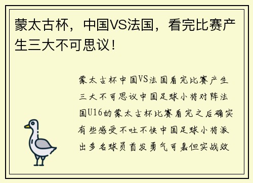 蒙太古杯，中国VS法国，看完比赛产生三大不可思议！