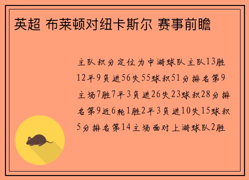 英超 布莱顿对纽卡斯尔 赛事前瞻