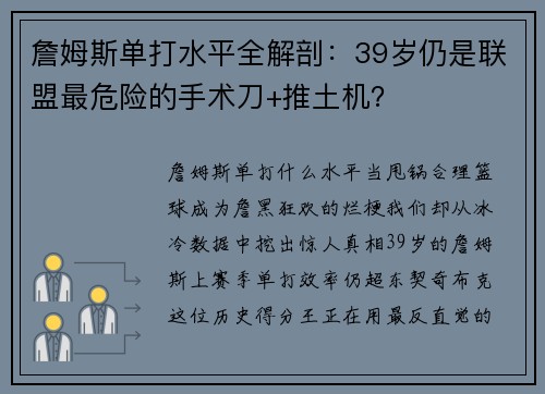 詹姆斯单打水平全解剖：39岁仍是联盟最危险的手术刀+推土机？